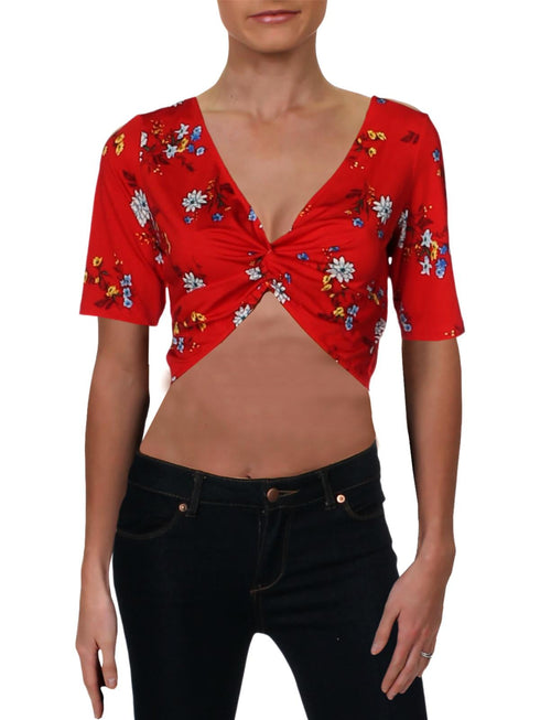 Polly & Esther Womens Floral Print Short Sleeves Crop Top